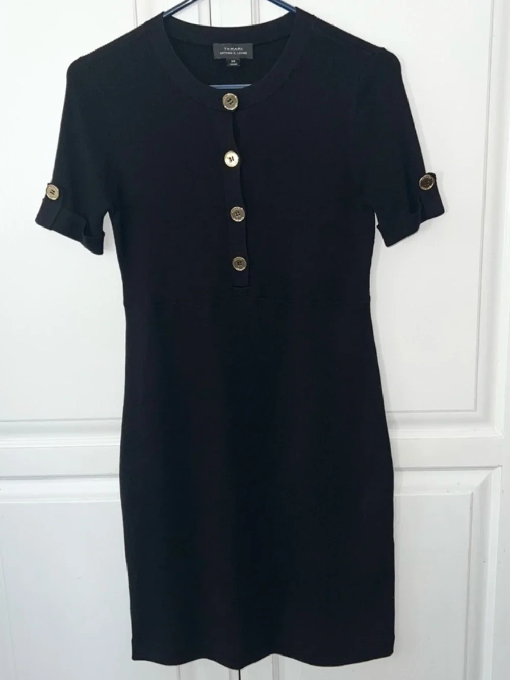 Tahari ASL Black Mini Dress Gold Button Fitted - Picture 9 of 10